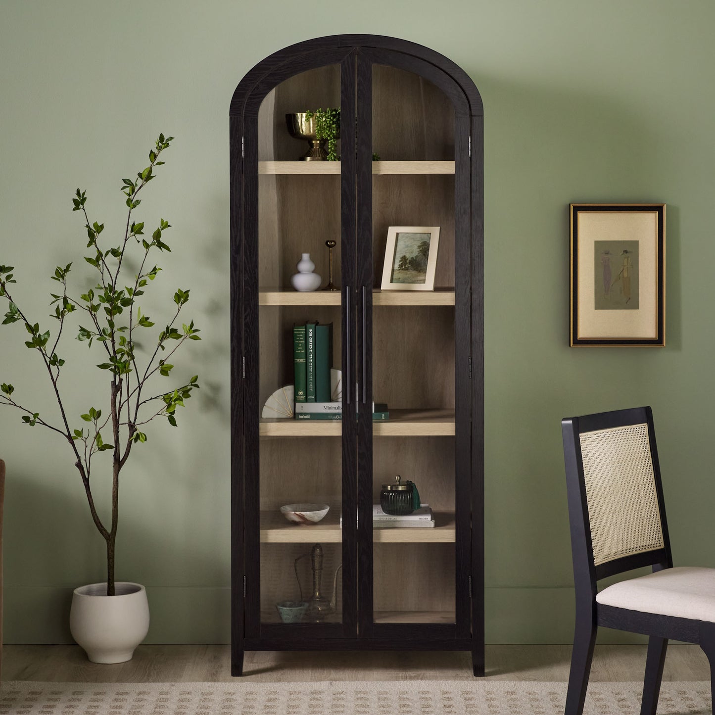 Arcvia Glass Tall Bookcase – 5-Shelf Black Arched Frame with Glass Doors