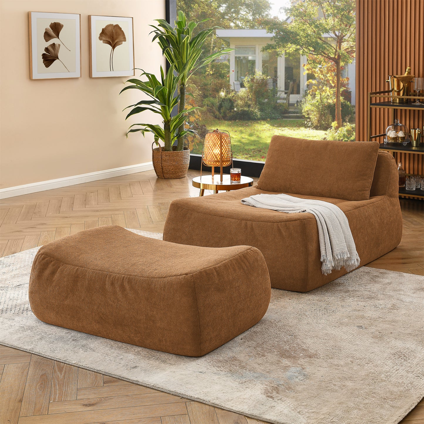 Lofta Bean Set – Orange Lazy Beanbag Sofa with Waist Pillow & Ottoman (Color Variant)