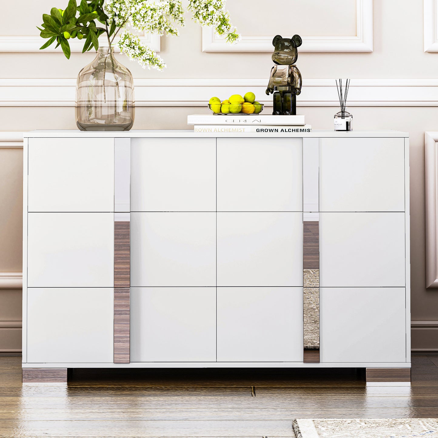 Ellex Mirrored Dresser – 6-Drawer White Storage Cabinet with Metal Handles