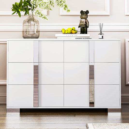 Ellex Mirrored Dresser – 6-Drawer White Storage Cabinet with Metal Handles