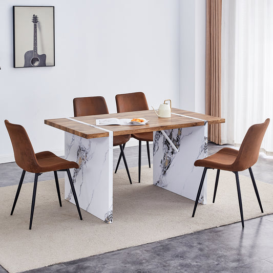 Ruvo 55" Wood Veneer Dining Set – Expandable Table with Marble-Inspired Legs & 4 Wide Chairs