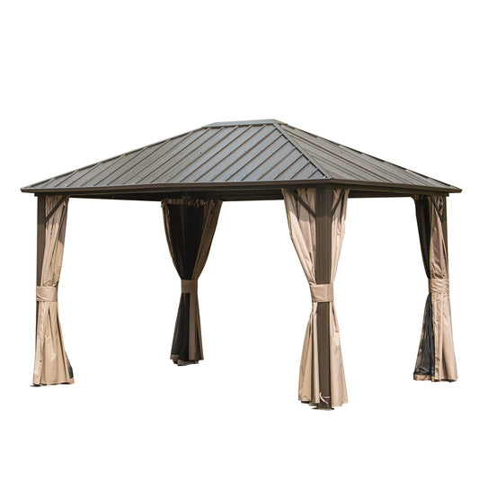 Aurelia 10x12' Steel Roof Gazebo – Dark Brown Aluminum Pavilion with Curtains & Netting - JUSTLIVE NESTJUSTLIVE NEST