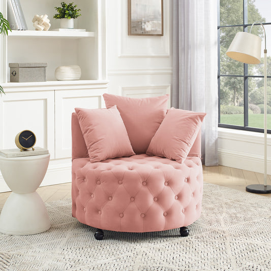 Orvia Swivel Chair – Pink Velvet Lounge Chair with Tufted Back and Movable Wheels