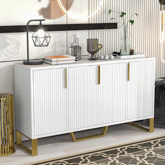 Trexm Sideboard – White 4-Door Kitchen Cabinet with Metal Legs and Shelves