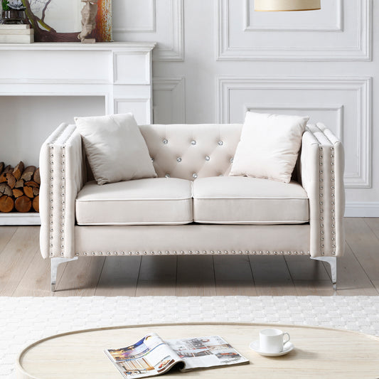 Monaco Velvet Chic – Beige Sofa with Jeweled Tufting, Square Arms & 2 Accent Pillows