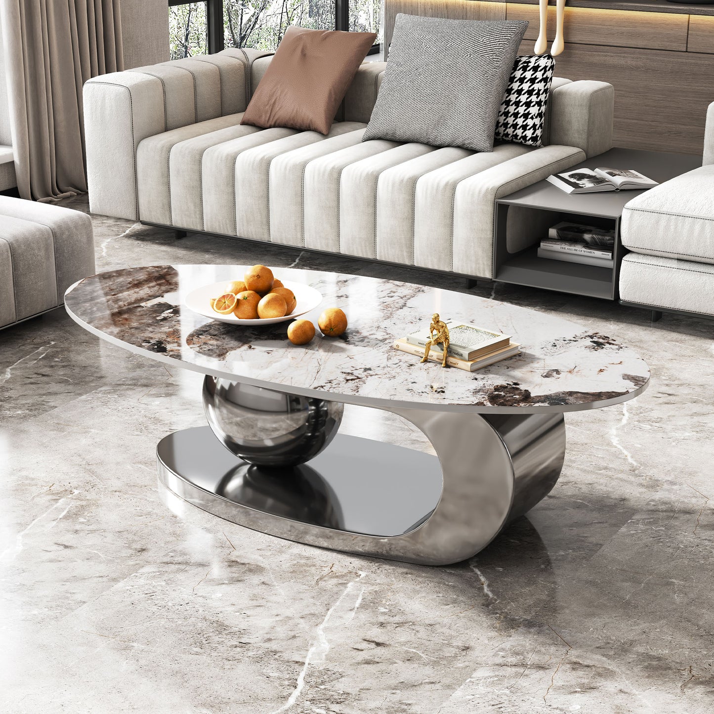 Selza Oval Coffee Table – 51" Faux Marble Top with Polished Steel Base