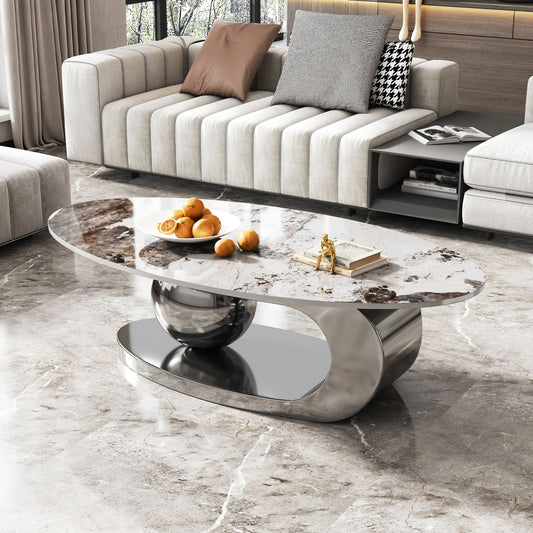 Selza Oval Coffee Table – 51" Faux Marble Top with Polished Steel Base