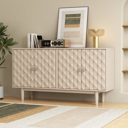 Trexm Almond Sideboard – Convex Pattern 4-Door Cabinet with Silver Pulls