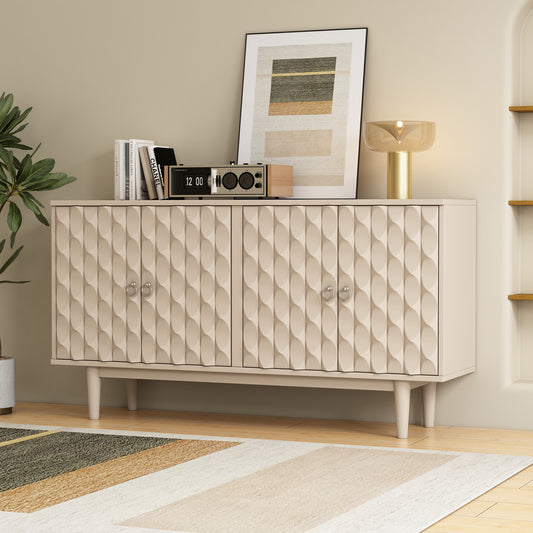Trexm Almond Sideboard – Convex Pattern 4-Door Cabinet with Silver Pulls