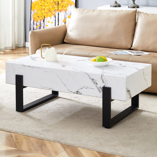 Velna Marble Table – 47.2" White StoneLook MDF with Black Framed Metal Legs