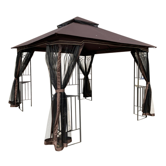 Aurelia 10x10' Soft-Top Gazebo – Compact Double-Roof Pavilion with Netting & Brown Fabric Canopy