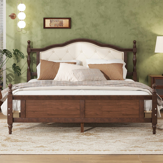Pavira Queen Bed – Walnut Pine Frame with Upholstered Headboard & Panel Footboard