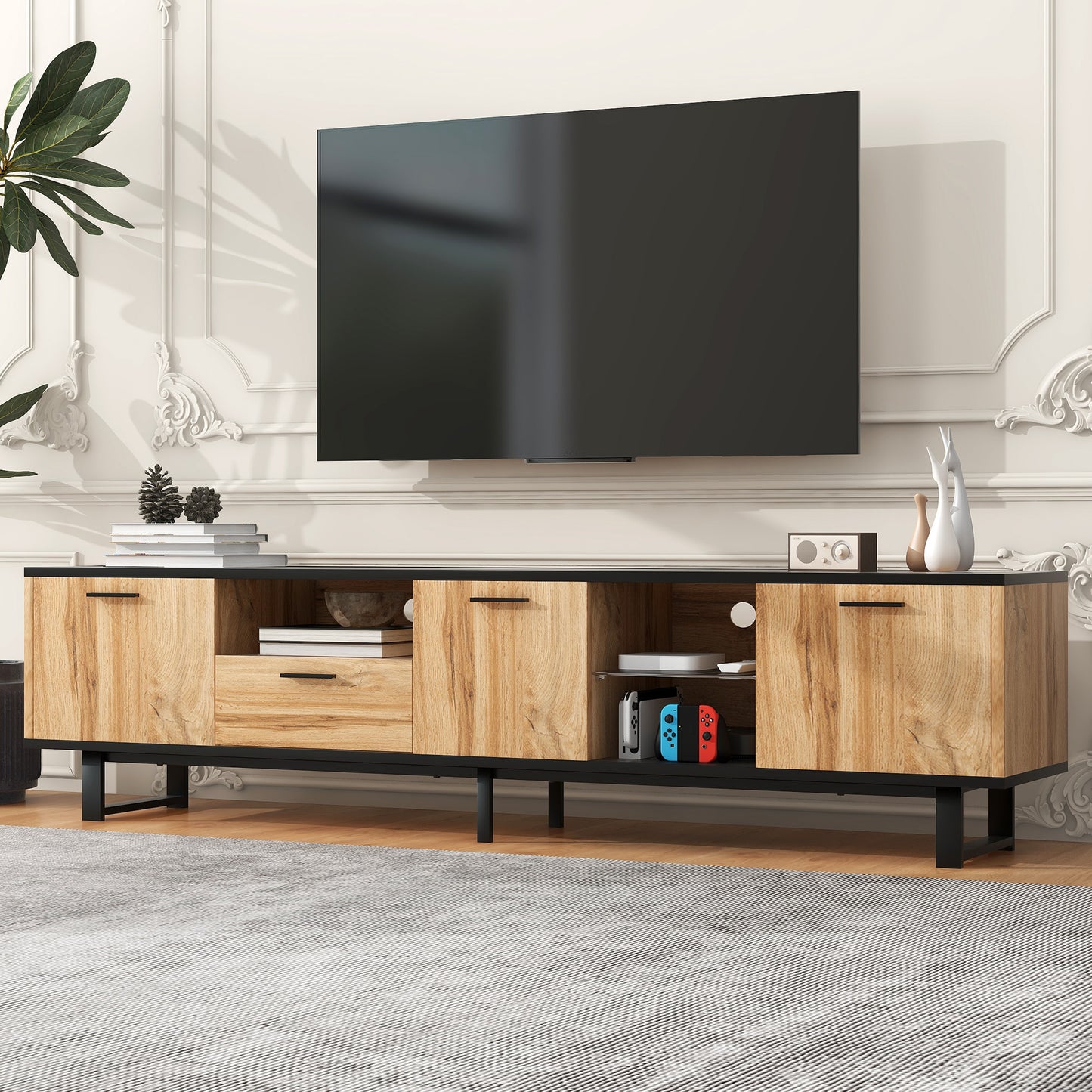 Tovira XL Console – 80" TV Stand with 4 Cabinets & Drop-Down Door
