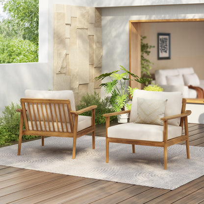 Retra Mid-Century Outdoor Chairs – Set of 2 Cushioned Lounge Seats with Solid Wood Frames for Patio or Balcony