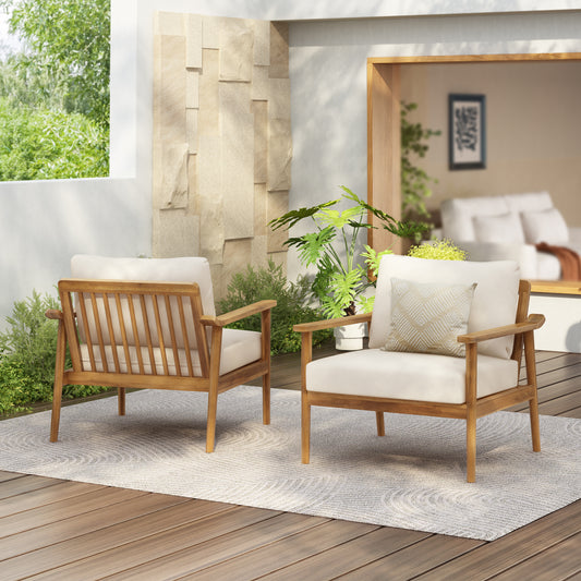Retra Mid-Century Outdoor Chairs – Set of 2 Cushioned Lounge Seats with Solid Wood Frames for Patio or Balcony