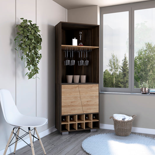 Fraktal Corner Bar – Dark Oak & Pine Cabinet with 10 Wine Slots and Double Doors