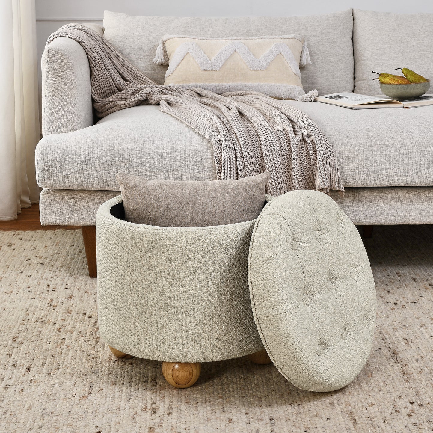 Linterra Ottoman – BeigeLoom Upholstery, FlipTop Table Lid & HiddenNest Core