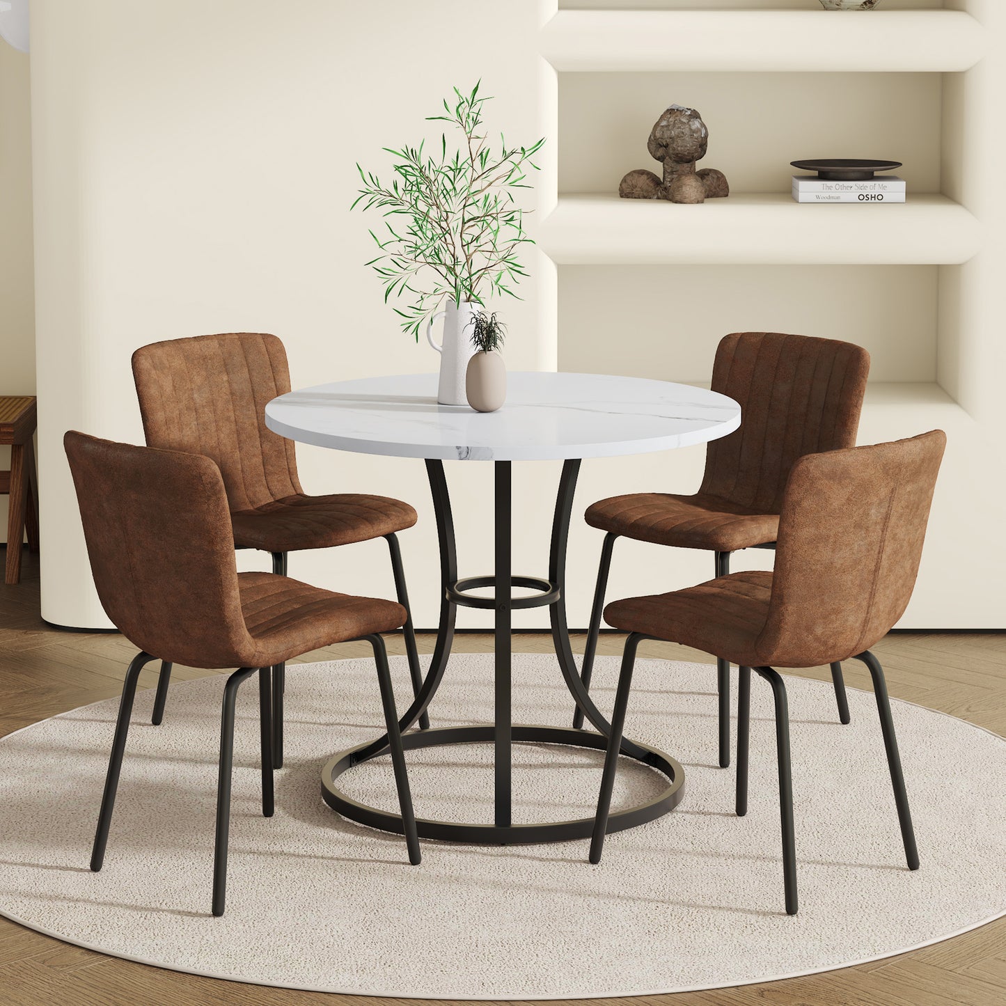 Milo Round 33" Dining Set – Brown Tech-Fabric Chairs & Minimalist Table