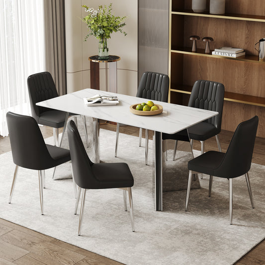 Eirian 63" Dining Set – Snowmount Stone Top with 6 Silverspine Black-Leg Chairs