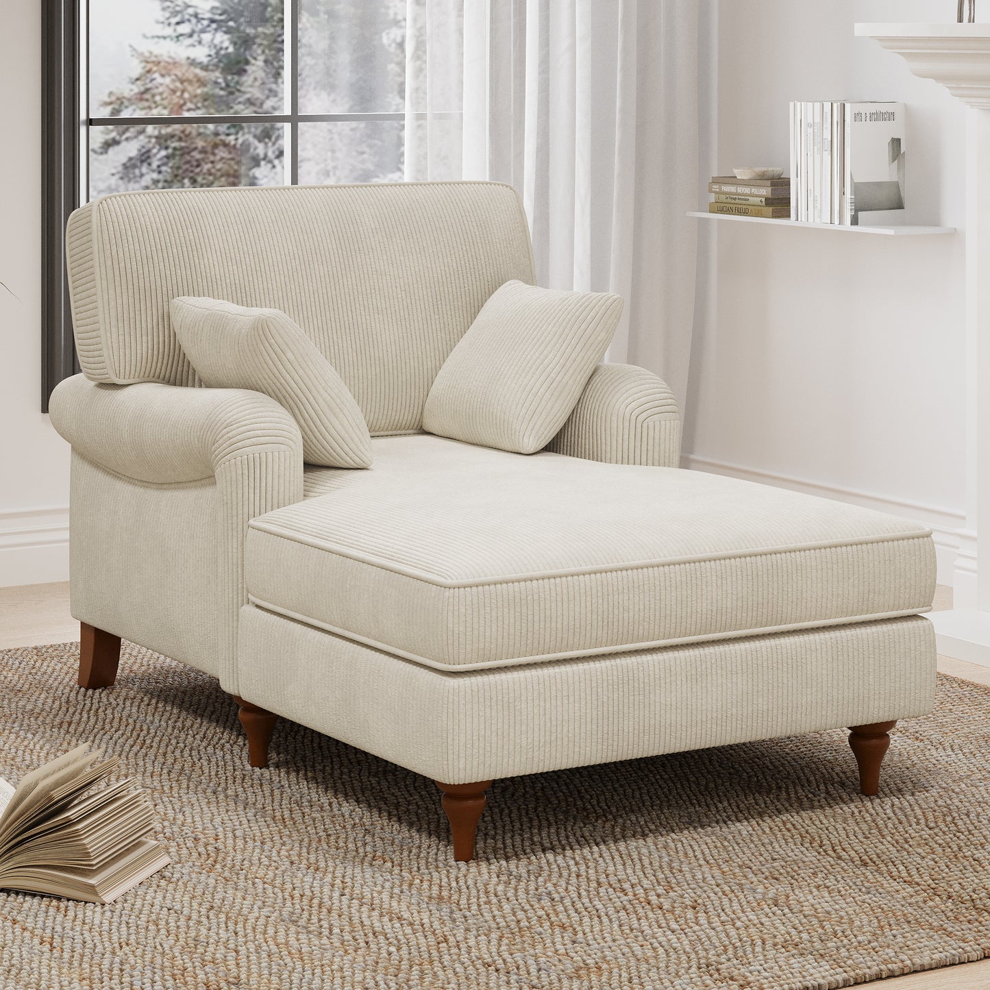 JUSTLIVE ‘Comfina Luxe” Chaise Lounge – Beige Corduroy | Sleeper Chair + Oversized + 2 Comfy Pillows