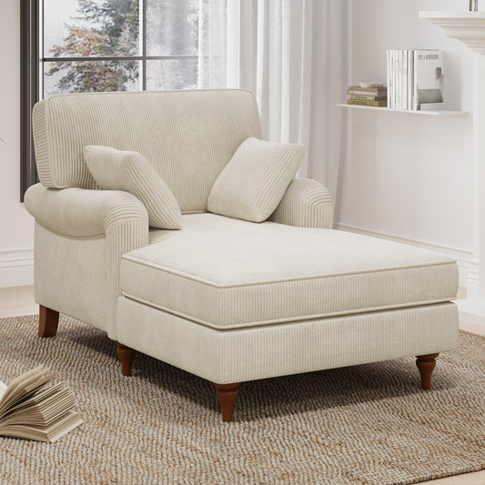 JUSTLIVE ‘Comfina Luxe” Chaise Lounge – Beige Corduroy | Sleeper Chair + Oversized + 2 Comfy Pillows