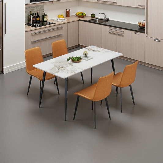 Moderno 63" Sintered Stone Dining Set – Rectangular Table with 4 Comfy Chairs, Minimalist Steel Legs