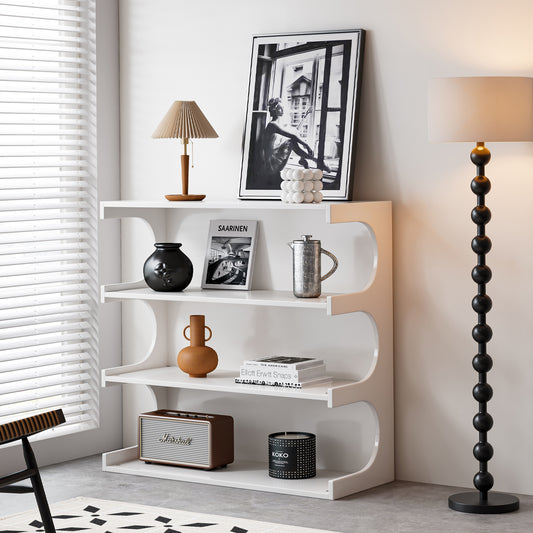 Vellin Combo Unit – 4-Tier White Bookshelf + Coffee Table Hybrid