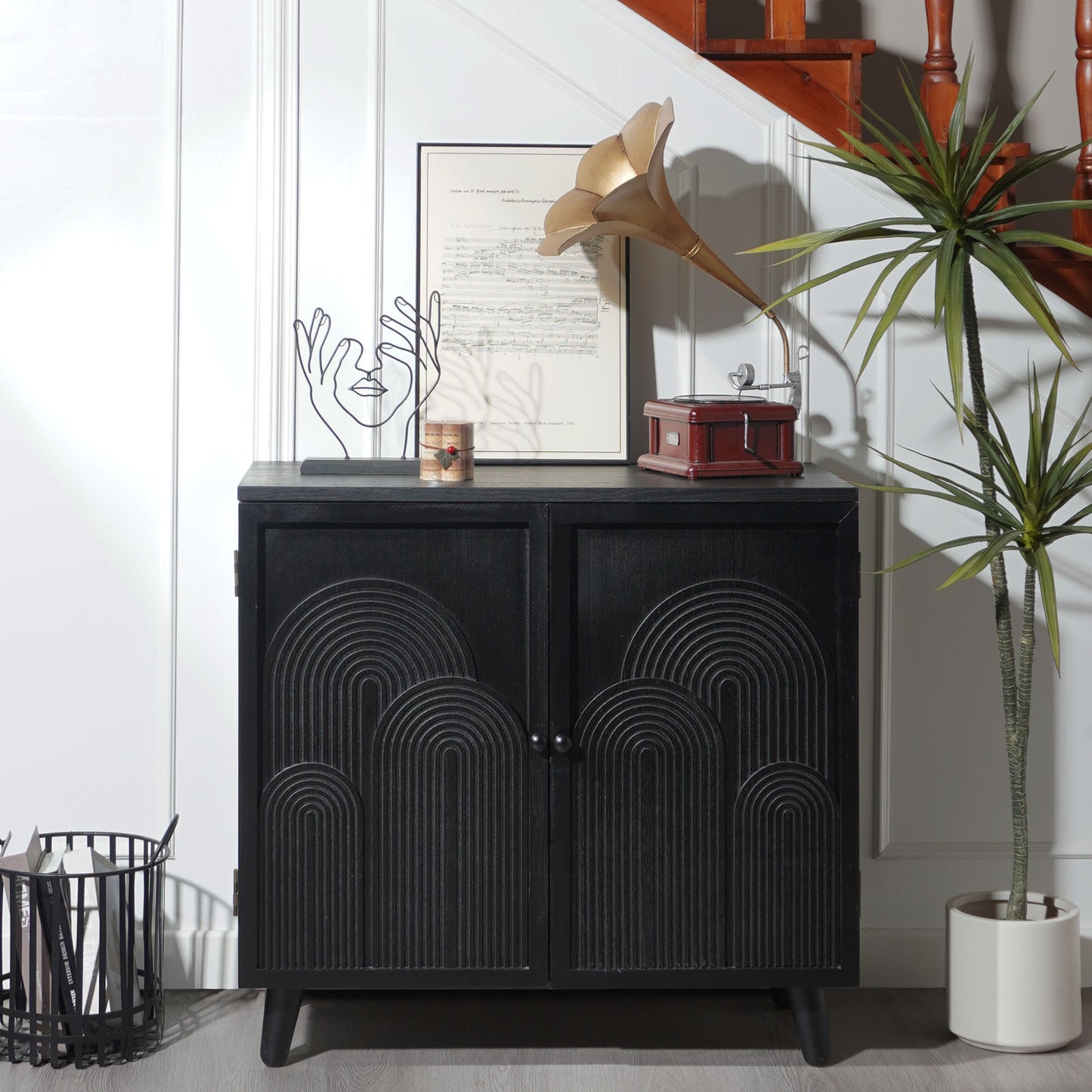 Navaro Accent Cabinet – 31" Black Wood Unit with Embossed Door Detail