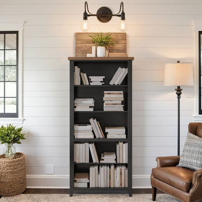 72 inch high 5-shelf Bookcase, No Assembly Required, Black and Whiskey Finish