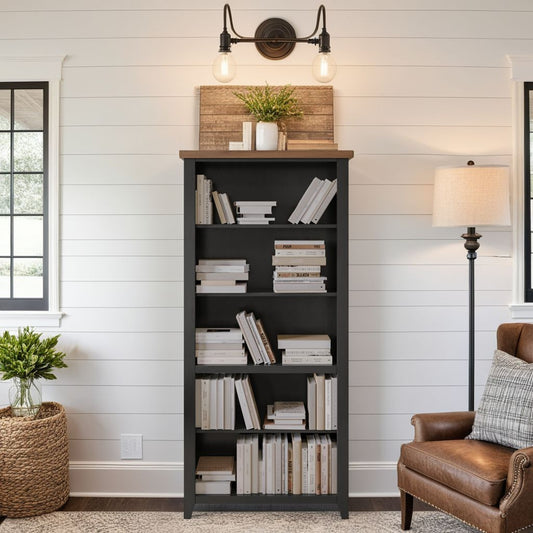 72 inch high 5-shelf Bookcase, No Assembly Required, Black and Whiskey Finish