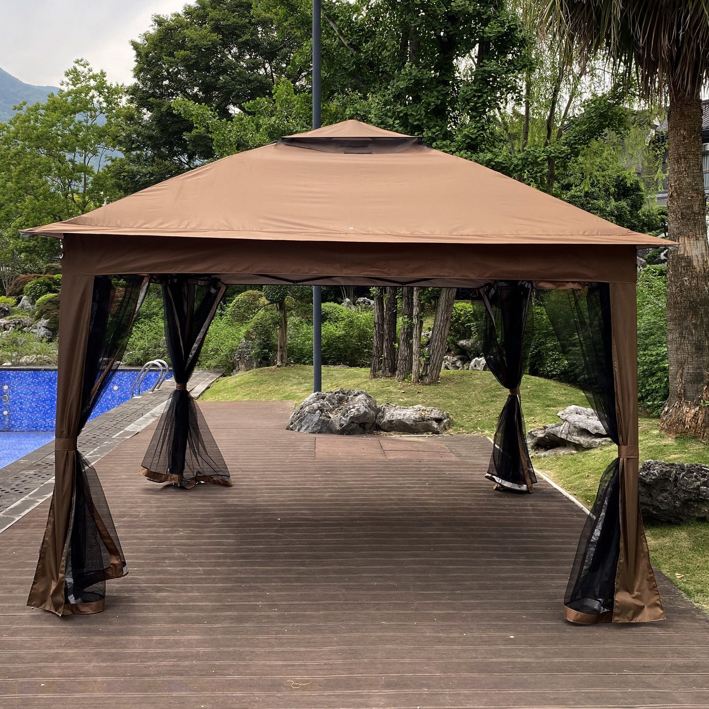 Aurelia 13x10' Soft - Top Gazebo – Backyard Pavilion with Ventilated Roof & Netting (Brown Canopy) - JUSTLIVE NESTJUSTLIVE NEST