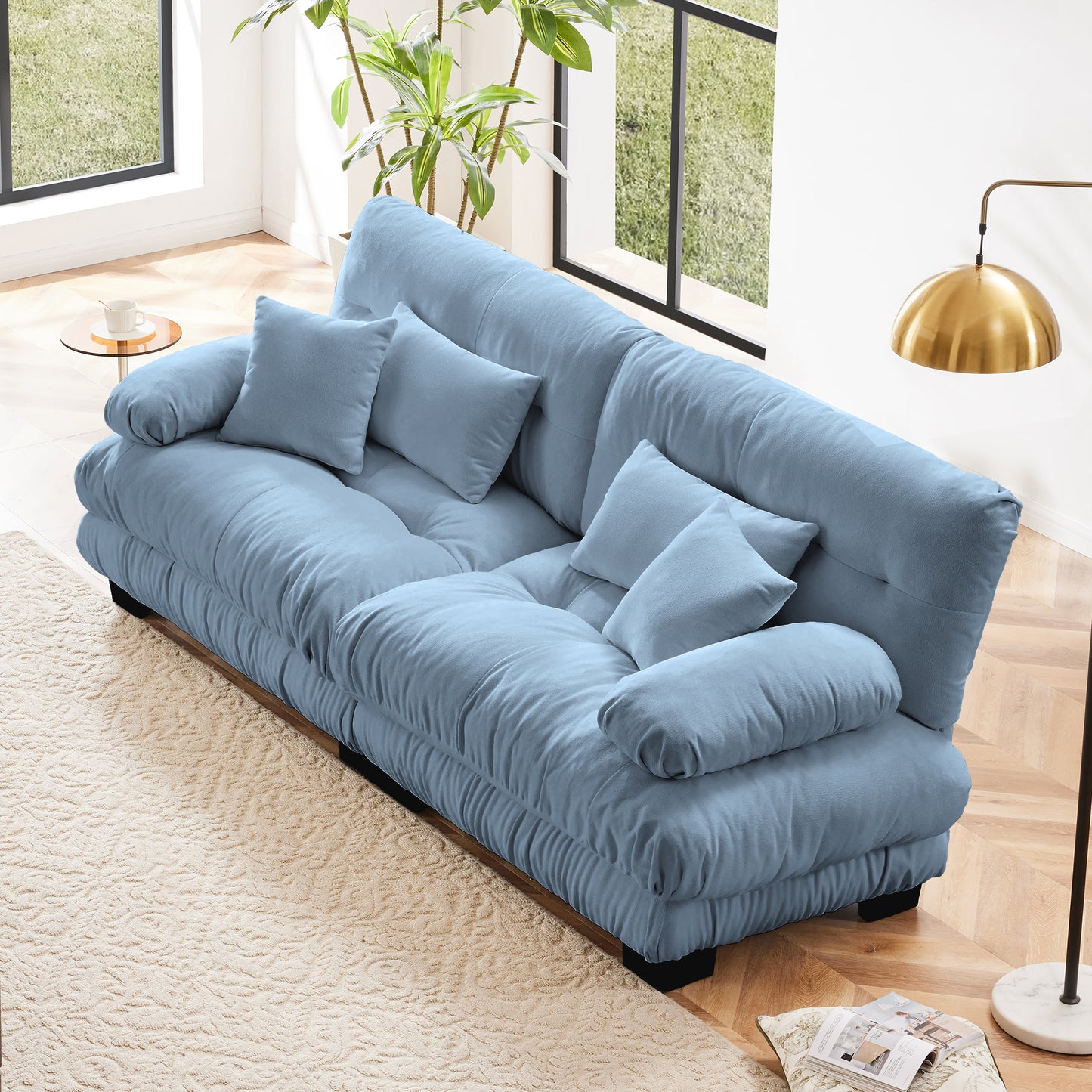 Duo Lounge – Blue Chenille 2-Seat Sofa with Lumbar & Accent Cushions