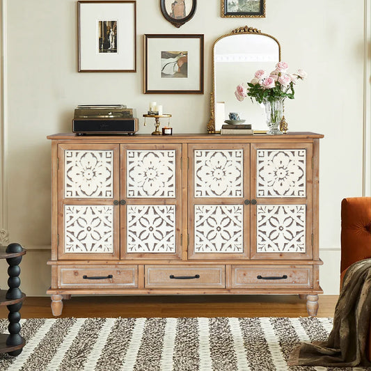 Solvara Buffet – 59" Natural Wood Sideboard with 4 Doors & 3 Drawers