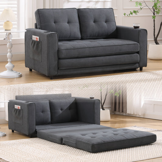 Nestella™ 3-in-1 Tufted Futon Loveseat – Dark Gray Pull-Out Sleeper with Cup Holder & Storage Pockets