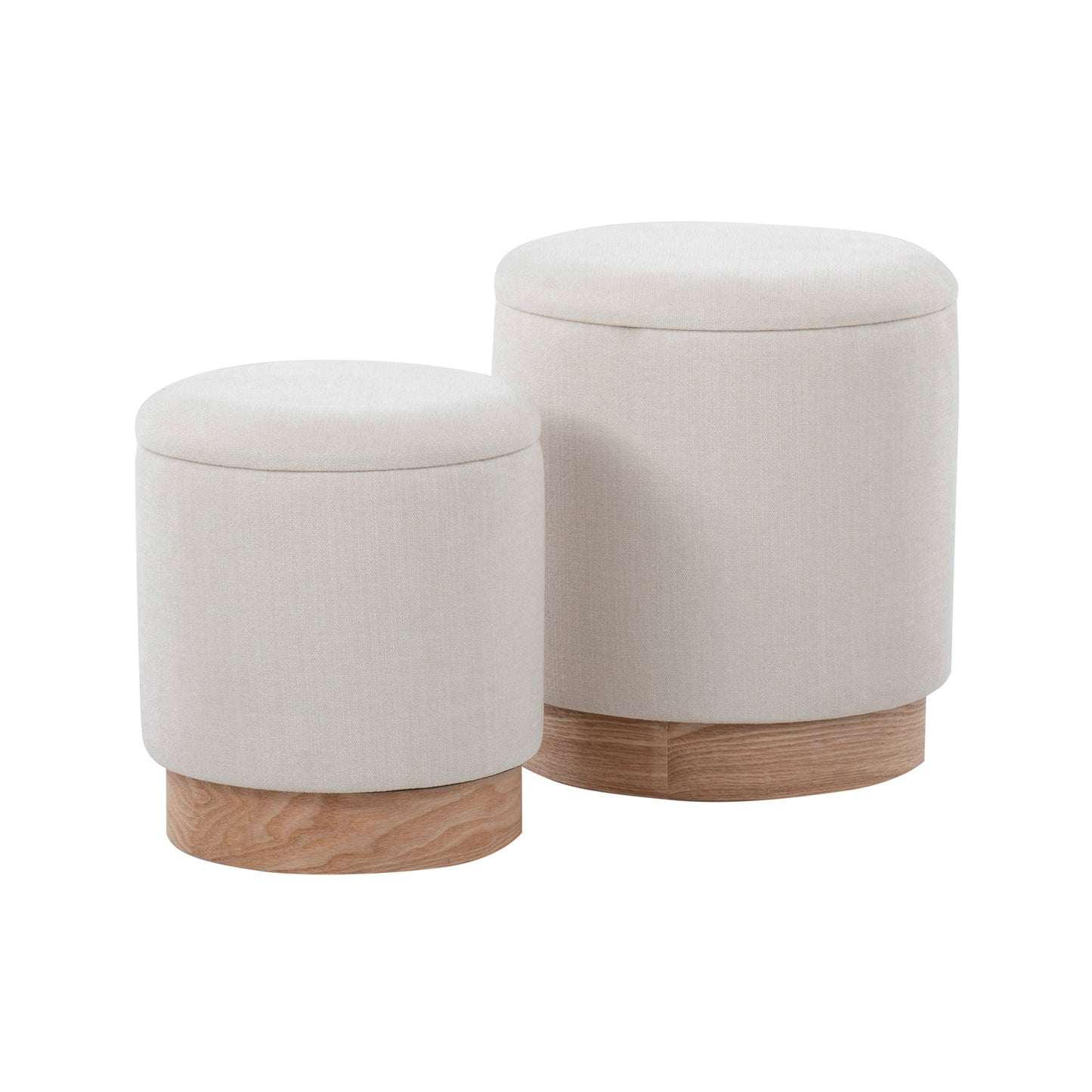 Marlo Duo – Cream Fabric Nesting Ottomans with Natural Wood Base