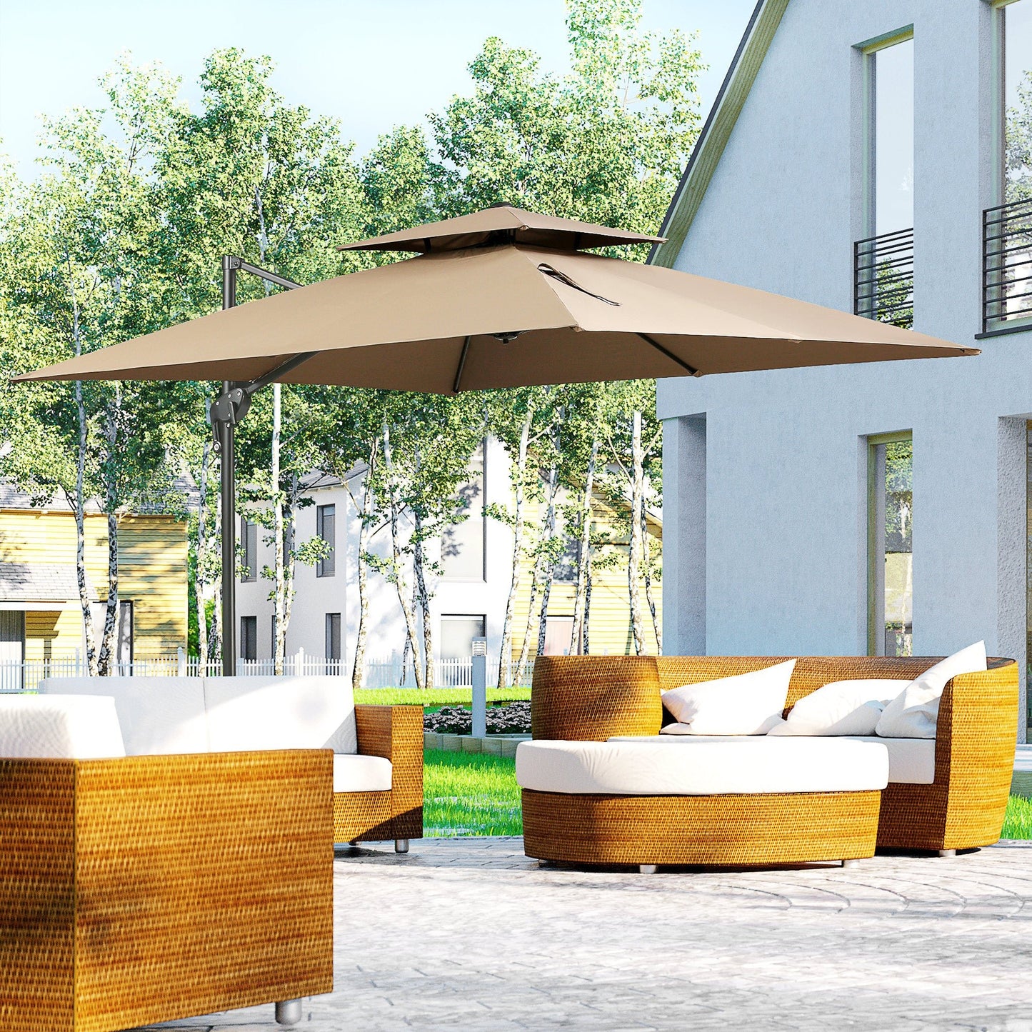 Solair 10' Double - Top Offset Umbrella – Hanging Cantilever with Crank, Base & 360° Rotation (Coffee) - JUSTLIVE NESTJUSTLIVE NEST