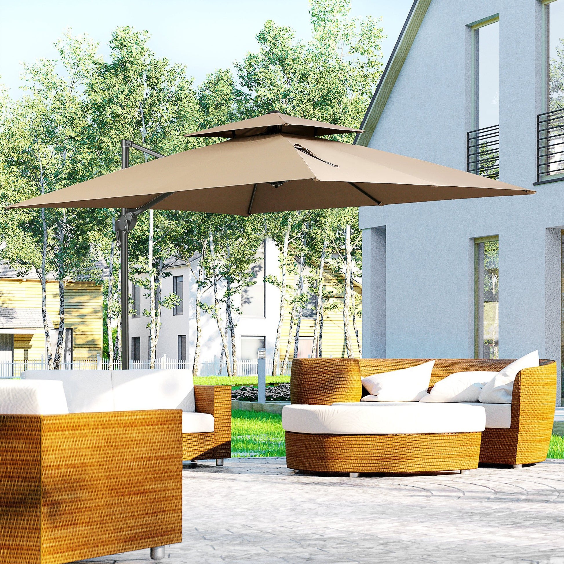 Solair 10' Double - Top Offset Umbrella – Hanging Cantilever with Crank, Base & 360° Rotation (Coffee) - JUSTLIVE NESTJUSTLIVE NEST