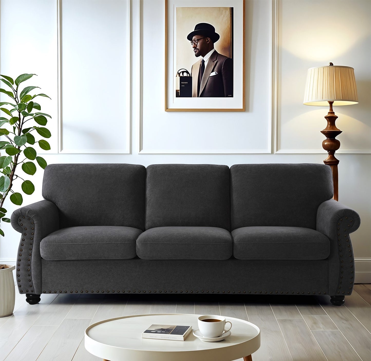 JUSTLIVE ‘Comfina Luxe” Sofa – Black Velvet | Chic 3-Seater + Plush Back + Classic Wood Legs