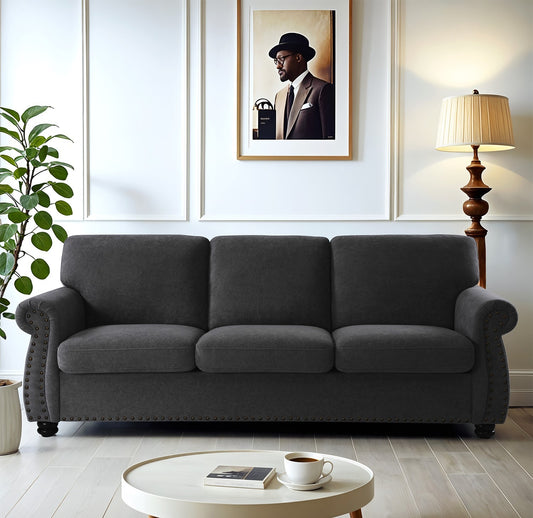 JUSTLIVE ‘Comfina Luxe” Sofa – Black Velvet | Chic 3-Seater + Plush Back + Classic Wood Legs