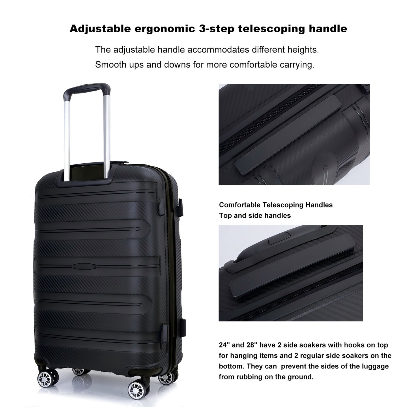 Jetera 3 - Piece PP Luggage Set – Black Hardshell Suitcases with Double Spinner Wheels & TSA Lock (20/24/28") - JUSTLIVE NESTJUSTLIVE NEST