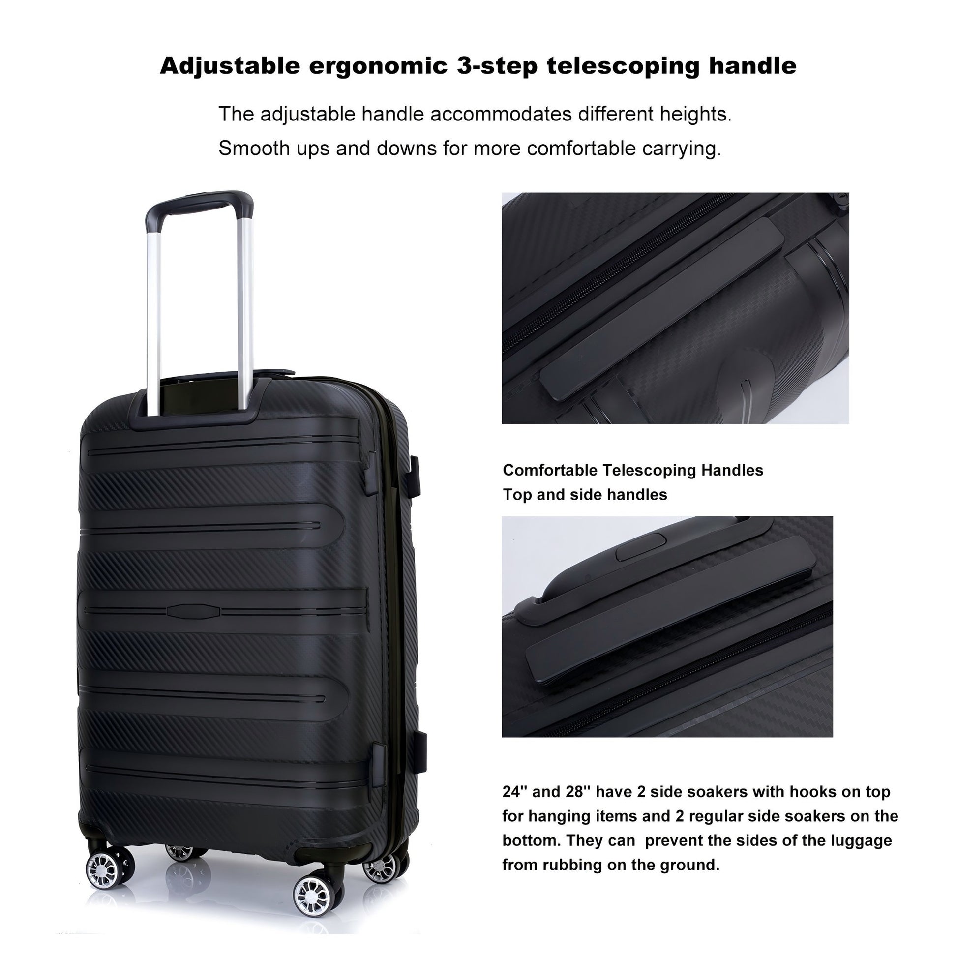 Jetera 3 - Piece PP Luggage Set – Black Hardshell Suitcases with Double Spinner Wheels & TSA Lock (20/24/28") - JUSTLIVE NESTJUSTLIVE NEST