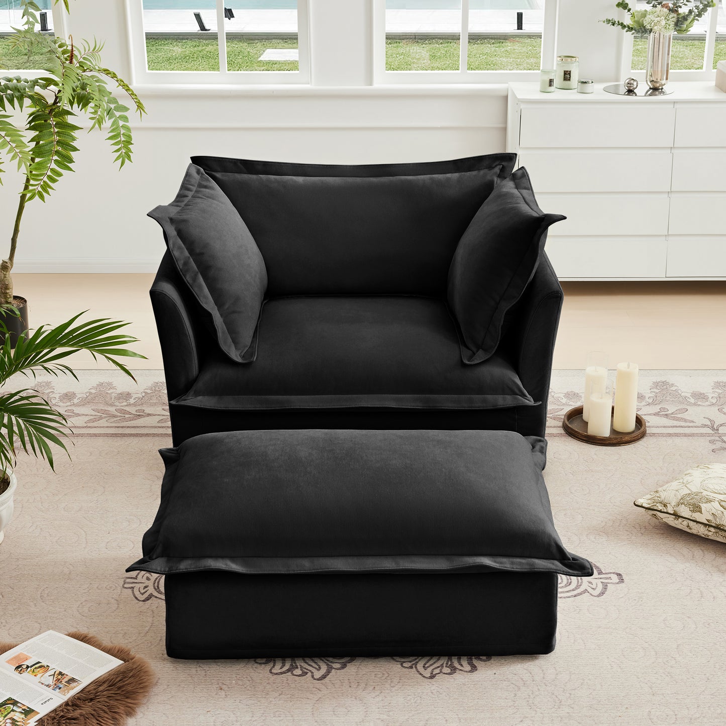 Duo Comfort Chairs – Black Chenille Deep-Seat Armchairs with Matching Ottomans & Plush Accent Pillows