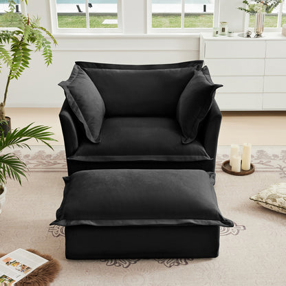 Duo Comfort Chairs – Black Chenille Deep-Seat Armchairs with Matching Ottomans & Plush Accent Pillows