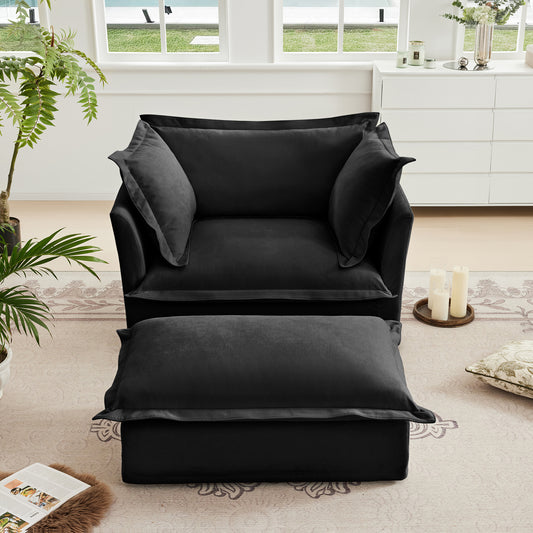 Duo Comfort Chairs – Black Chenille Deep-Seat Armchairs with Matching Ottomans & Plush Accent Pillows