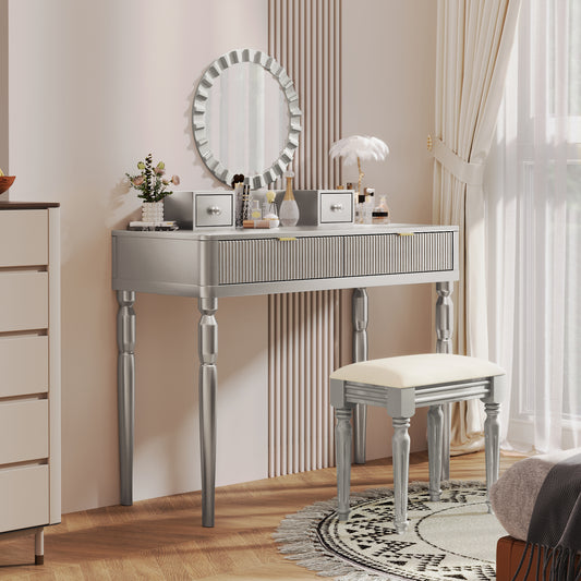 Vionix Elevate Luxe – Silver Round Mirror Vanity with Height-Adjustable Frame, 4 Drawers & Stool