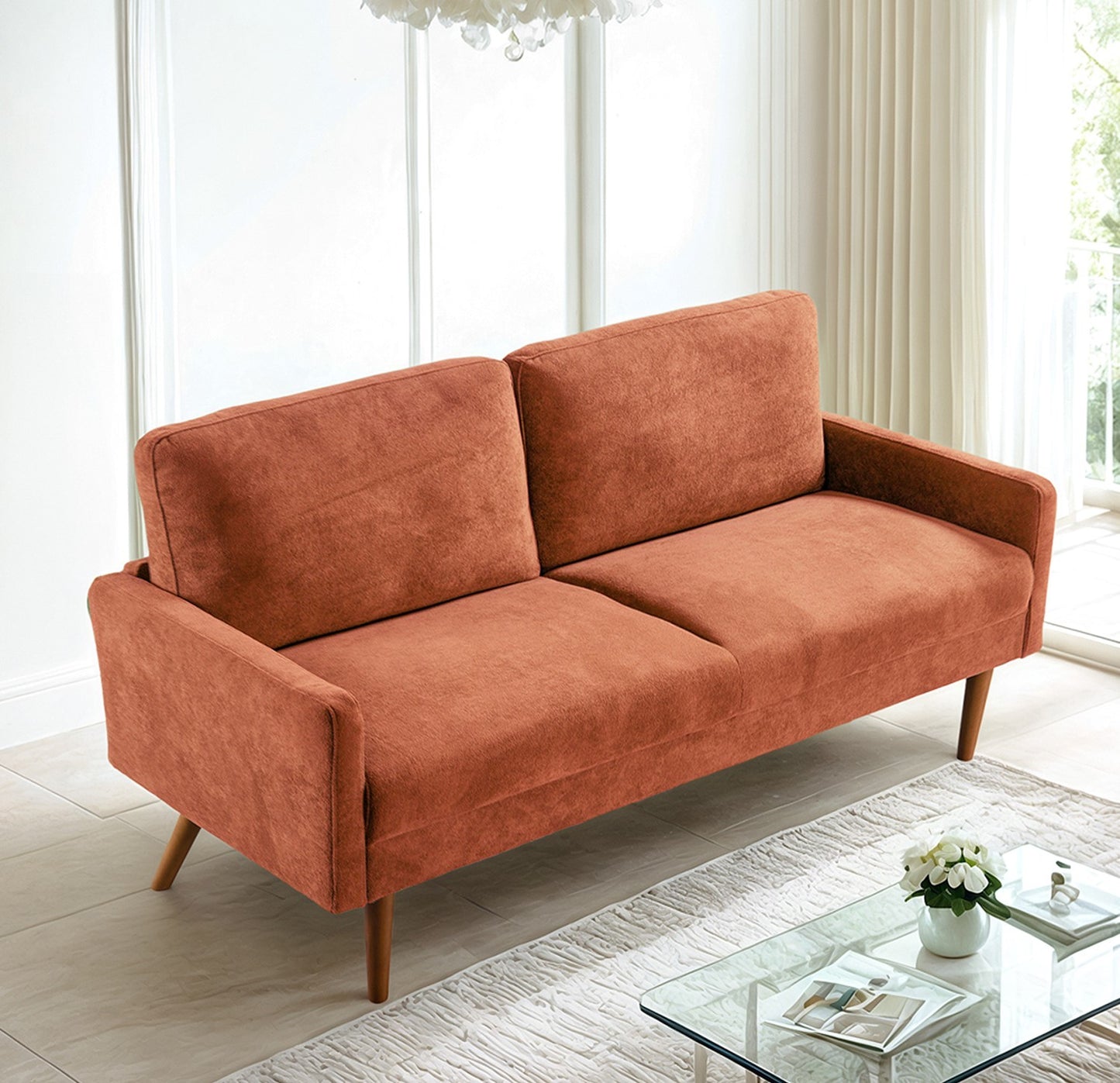 JUSTLIVE ‘Comfina Luxe” Sofa – Red Orange Velvet | Sleek Euro-Modern + 3-Seat + Vibrant Chic