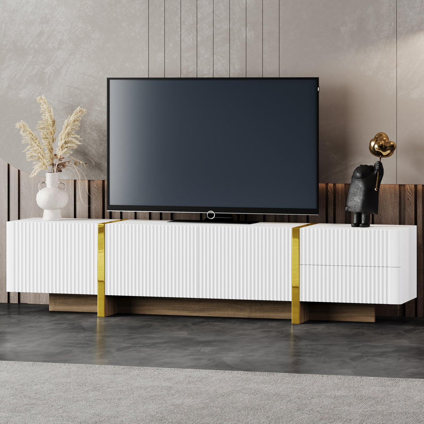 Flutra Luxe Console – White Fluted TV Stand with Gold Wood Grain Legs (Up to 80")