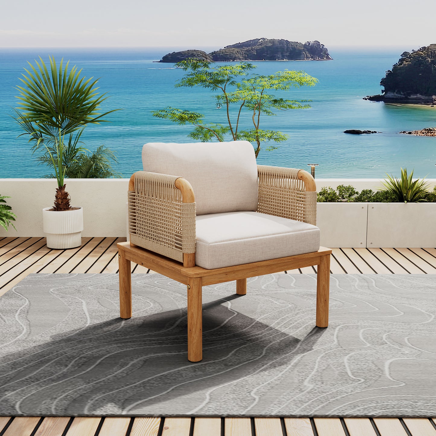 Solvara Acacia Rope Club Chair – Single Outdoor Armchair with Cushions