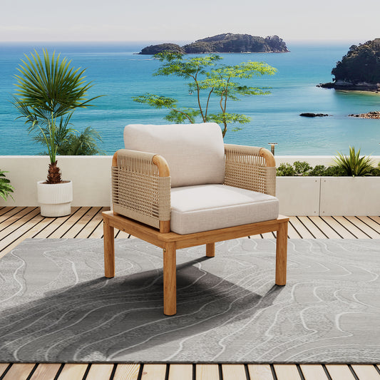 Solvara Acacia Rope Club Chair – Single Outdoor Armchair with Cushions