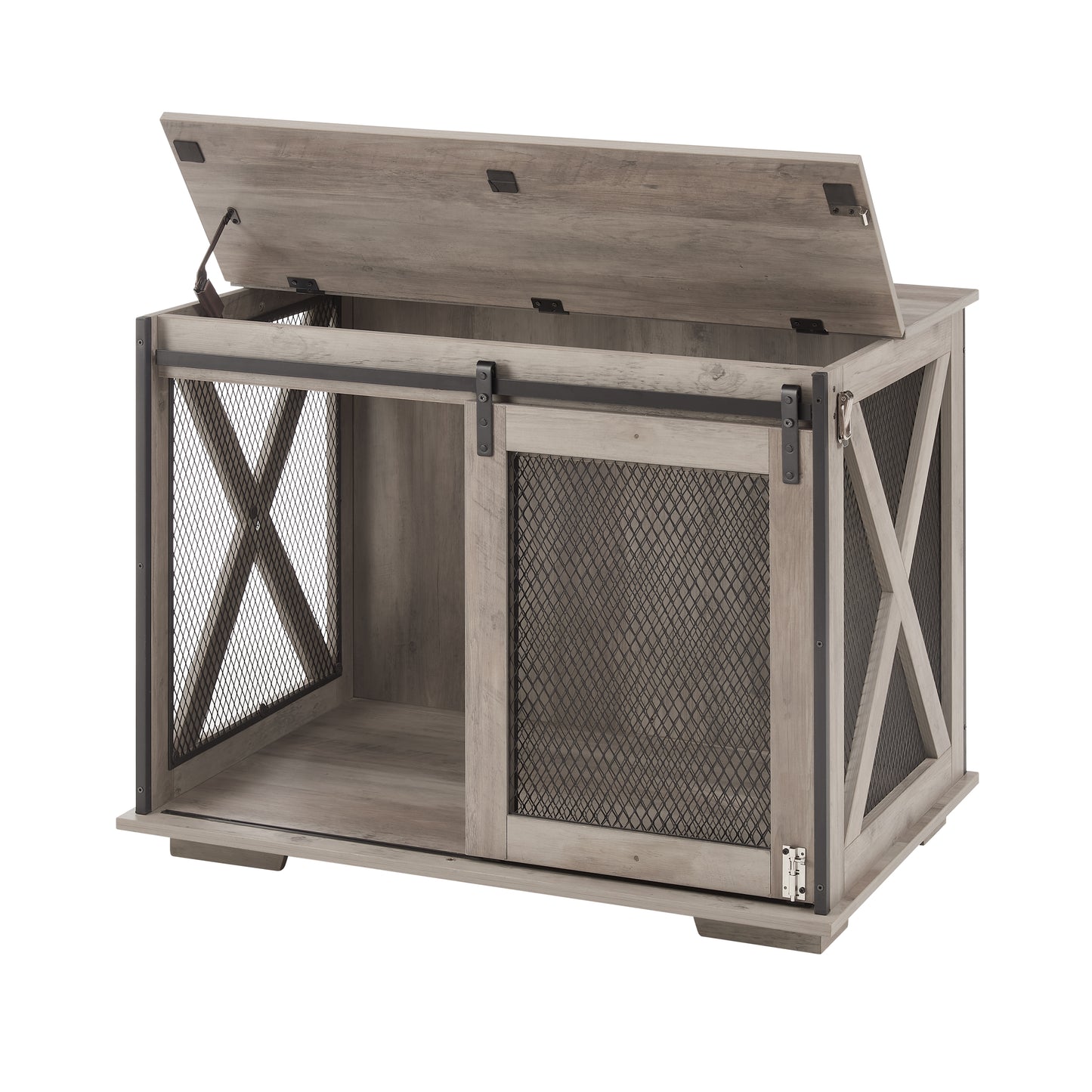 Hollo Farmhouse Crate – Gray Dog Kennel Table with Sliding Barn Door & Flip - Top Divider - JUSTLIVE NESTJUSTLIVE NEST